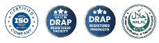 Certification badges: ISO certified, DRAP registered facility, DRAP registered products, Halal