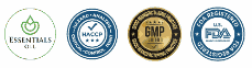 Certification badges: Essentials, HACCP, GMP, and FDA registered