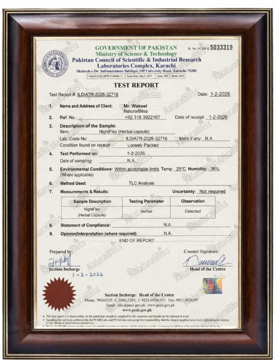 PCSIR laboratory test report for Night Flex herbal capsules, confirming herbal content via TLC analysis